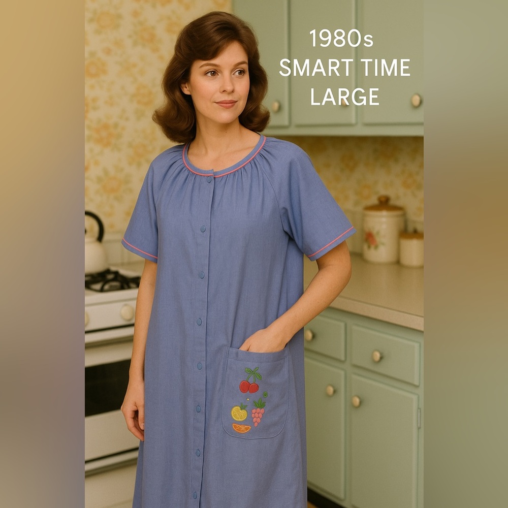 Vintage 1980s Smart Time Snap Front Housecoat L Blue Pink Trim Fruit Pocket